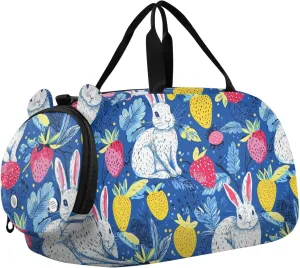 Dots Rabbite and Strawberries Vivid Kids Duffel Bag with Shoes Compartment Multifunctional Kids Overnighter Duffel Bags for Travel, Sports, Fitness & Workout