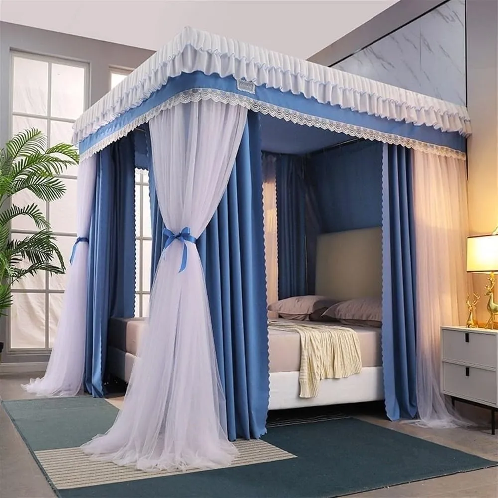 Double-Layer Bed Canopy with Mosquito Net Mesh, Roof Style Canopy Bed Curtains, Privacy Bed Curtain, Portable Steel Frame, Mosquito Netting(Blue,W59 x L78.7in)