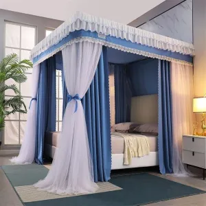 Double-Layer Bed Canopy with Mosquito Net Mesh, Roof Style Canopy Bed Curtains, Privacy Bed Curtain, Portable Steel Frame, Mosquito Netting(Blue,W59 x L78.7in)