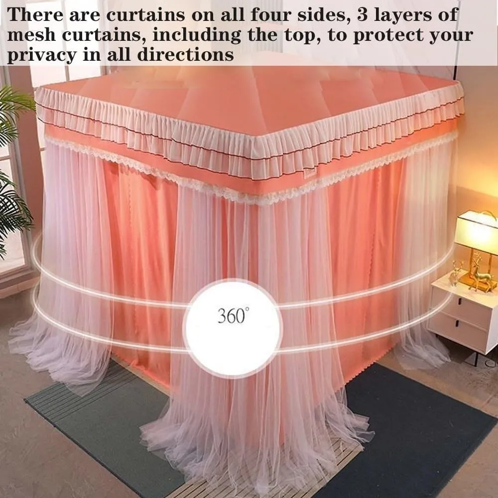 Double-Layer Bed Canopy with Mosquito Net Mesh, Roof Style Canopy Bed Curtains, Privacy Bed Curtain, Portable Steel Frame, Mosquito Netting(Blue,W59 x L78.7in)