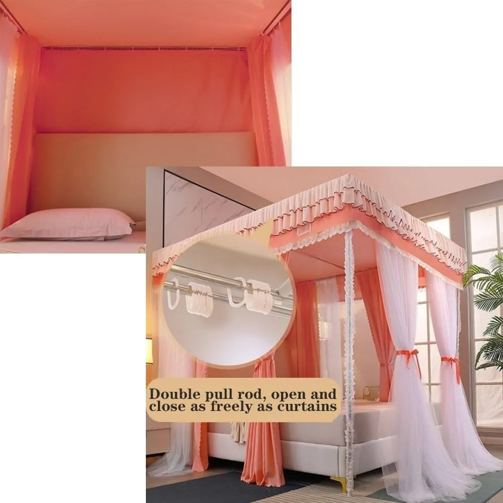 Double-Layer Bed Canopy with Mosquito Net Mesh, Roof Style Canopy Bed Curtains, Privacy Bed Curtain, Portable Steel Frame, Mosquito Netting(Blue,W59 x L78.7in)