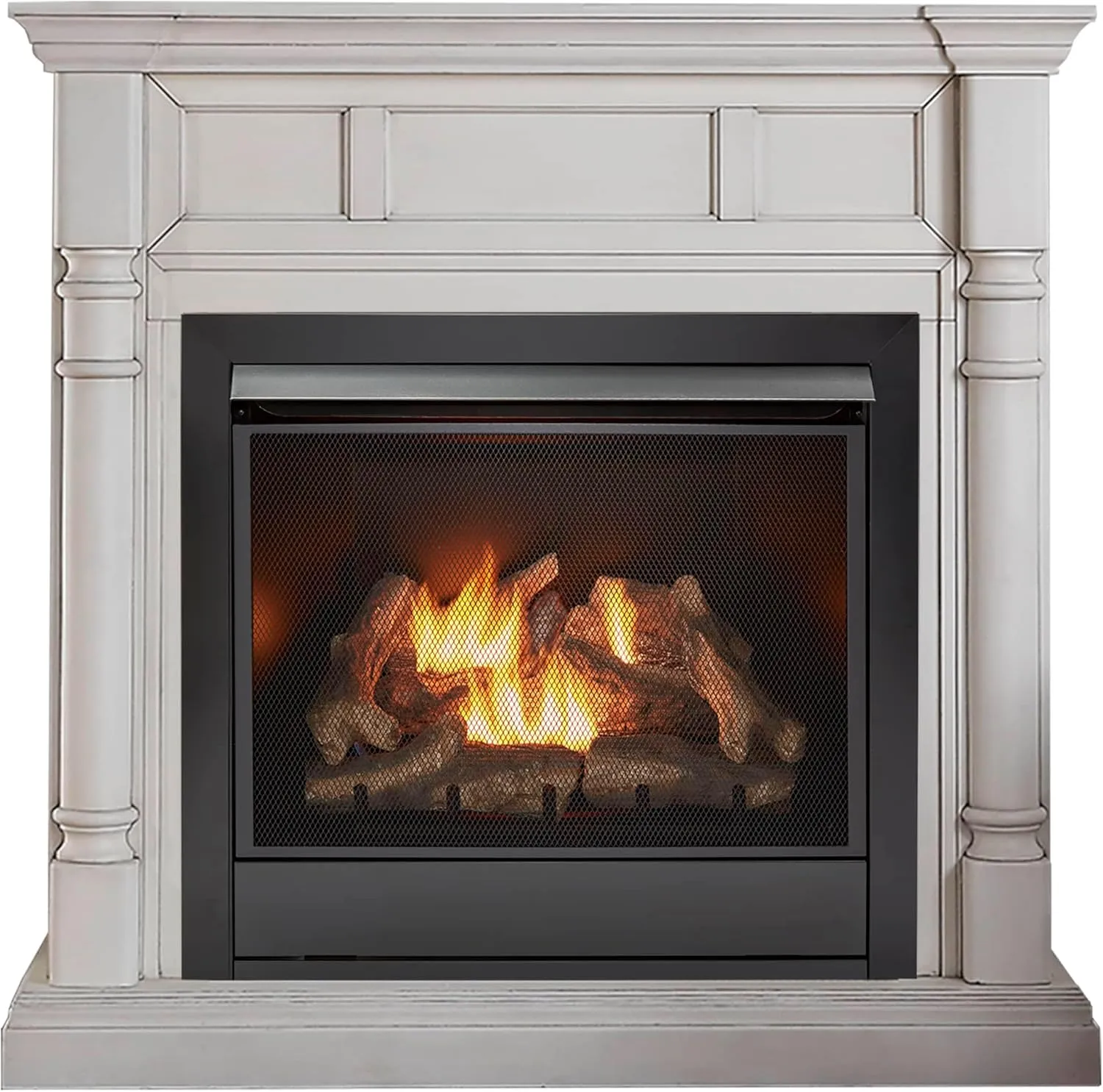 Duluth Forge Dual Fuel Ventless Gas Fireplace System with Mantle, Remote Control, 9 Fire Logs, Use with Natural Gas or Liquid Propane, 32000 BTU, Heats up to 1500 Sq. Ft., Antique White