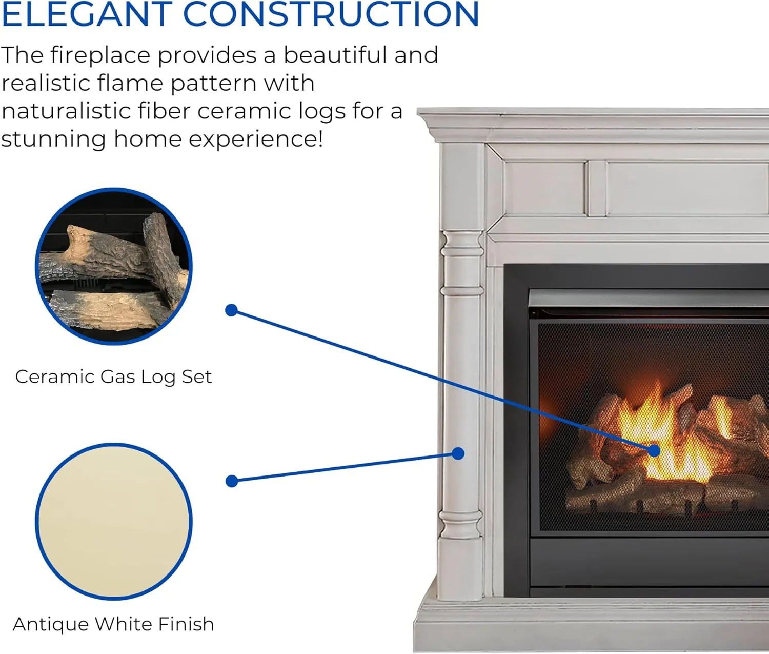Duluth Forge Dual Fuel Ventless Gas Fireplace System with Mantle, Remote Control, 9 Fire Logs, Use with Natural Gas or Liquid Propane, 32000 BTU, Heats up to 1500 Sq. Ft., Antique White