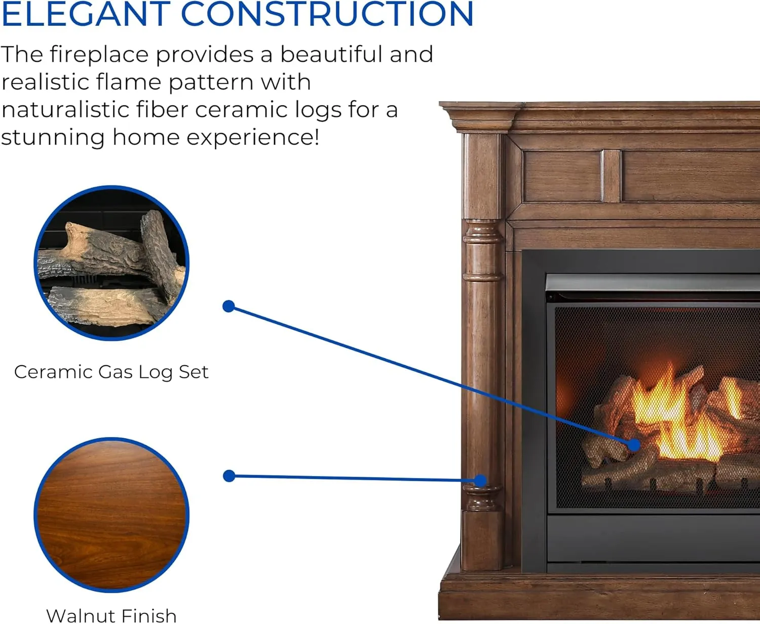 Duluth Forge Dual Fuel Ventless Gas Fireplace System with Mantle, Remote Control, 9 Fire Logs, Use with Natural Gas or Liquid Propane, 32000 BTU, Heats up to 1500 Sq. Ft., Walnut