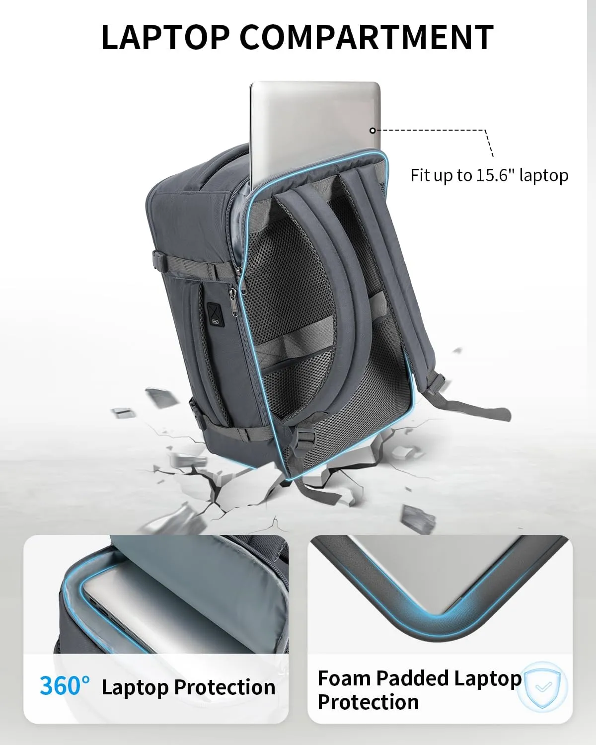 ECOHUB Travel Backpack for Men Women, Carry on Backpack with USB Charging Hole, Spirit Airlines Personal Item Bag Flight Approved, 15.6 Inch Laptop Backpack with Anti Theft Pockets, 30L, Grey