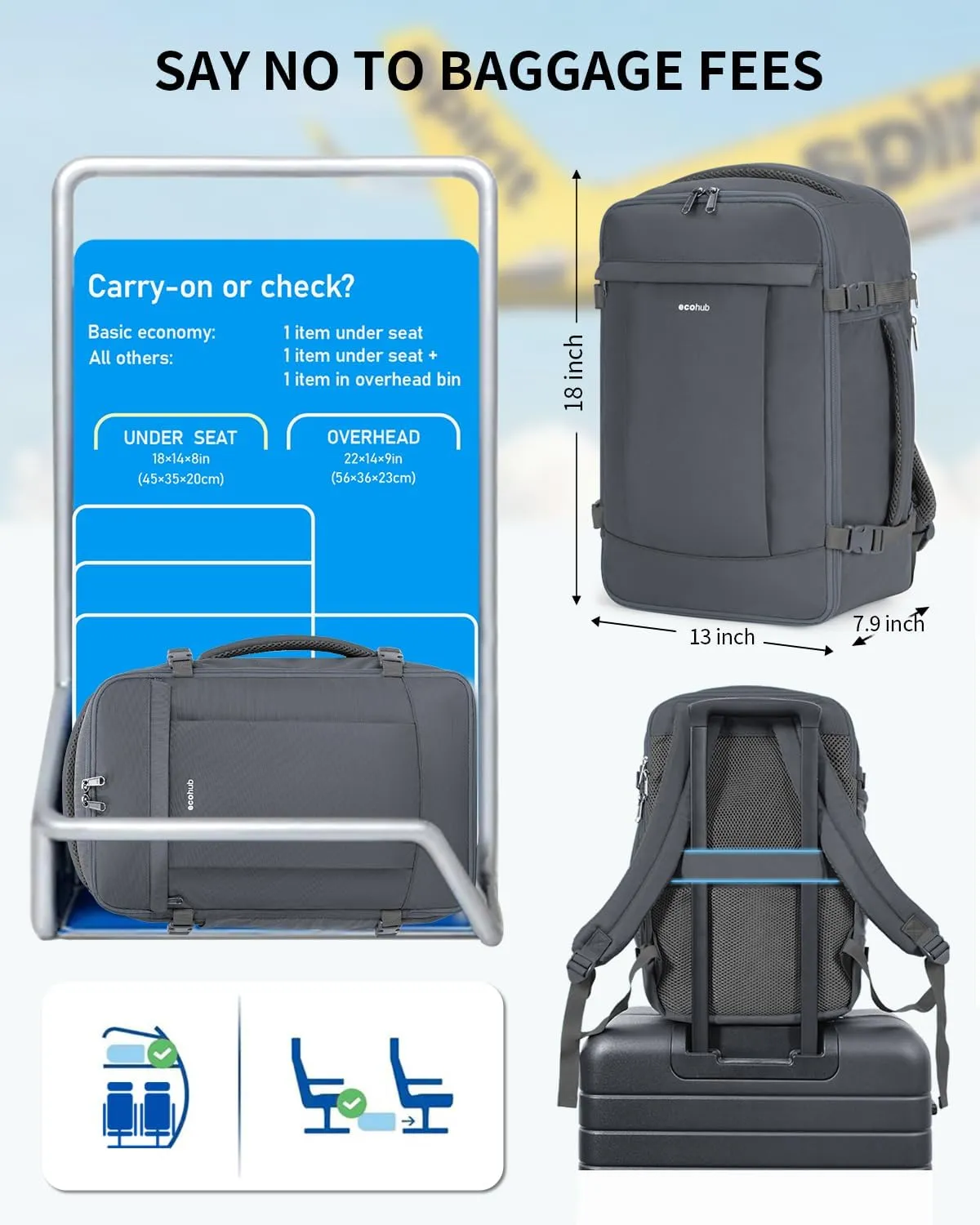 ECOHUB Travel Backpack for Men Women, Carry on Backpack with USB Charging Hole, Spirit Airlines Personal Item Bag Flight Approved, 15.6 Inch Laptop Backpack with Anti Theft Pockets, 30L, Grey