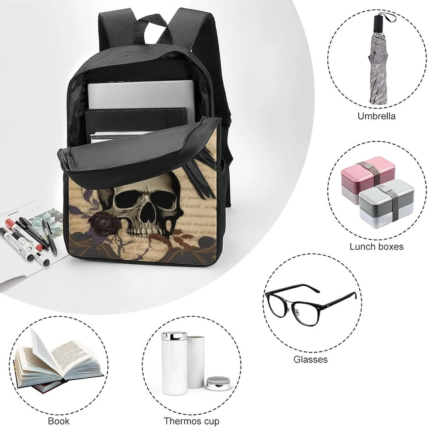 Edgar Allan Poe The Raven Skull Backpack with Adjustable Straps, Suitable for Travel Picnics Activities