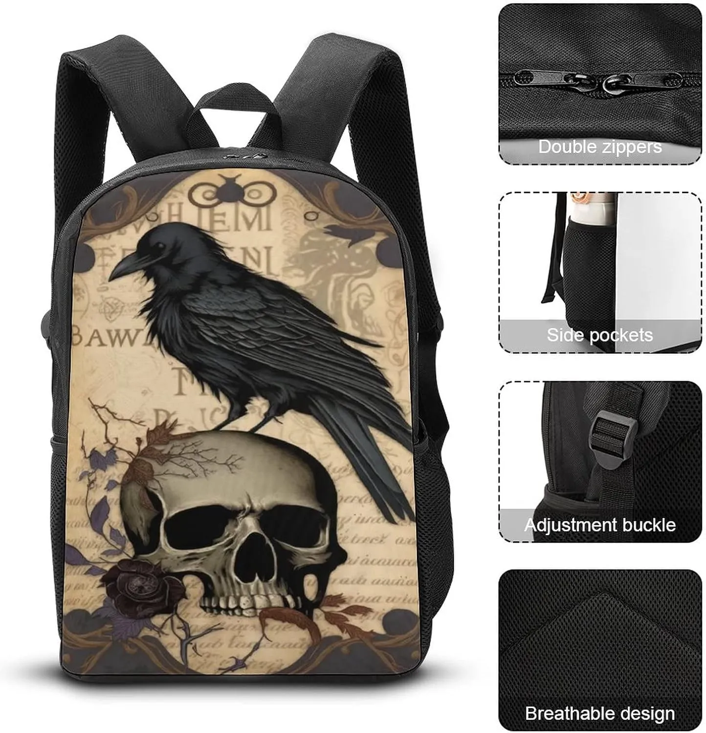 Edgar Allan Poe The Raven Skull Backpack with Adjustable Straps, Suitable for Travel Picnics Activities