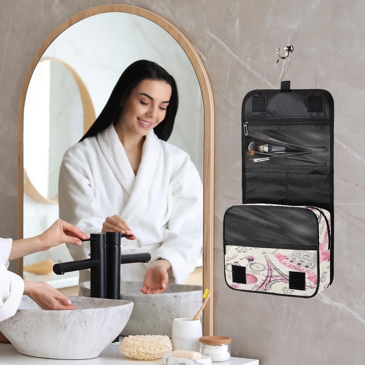 Eiffel Tower Paris Makeup Bag Travel Cosmetic Bag with Zipper Pocket and Handle Travel Makeup Organizer Bag Water-resistant Toiletry Bags for Traveling Women Men Ladies Girls
