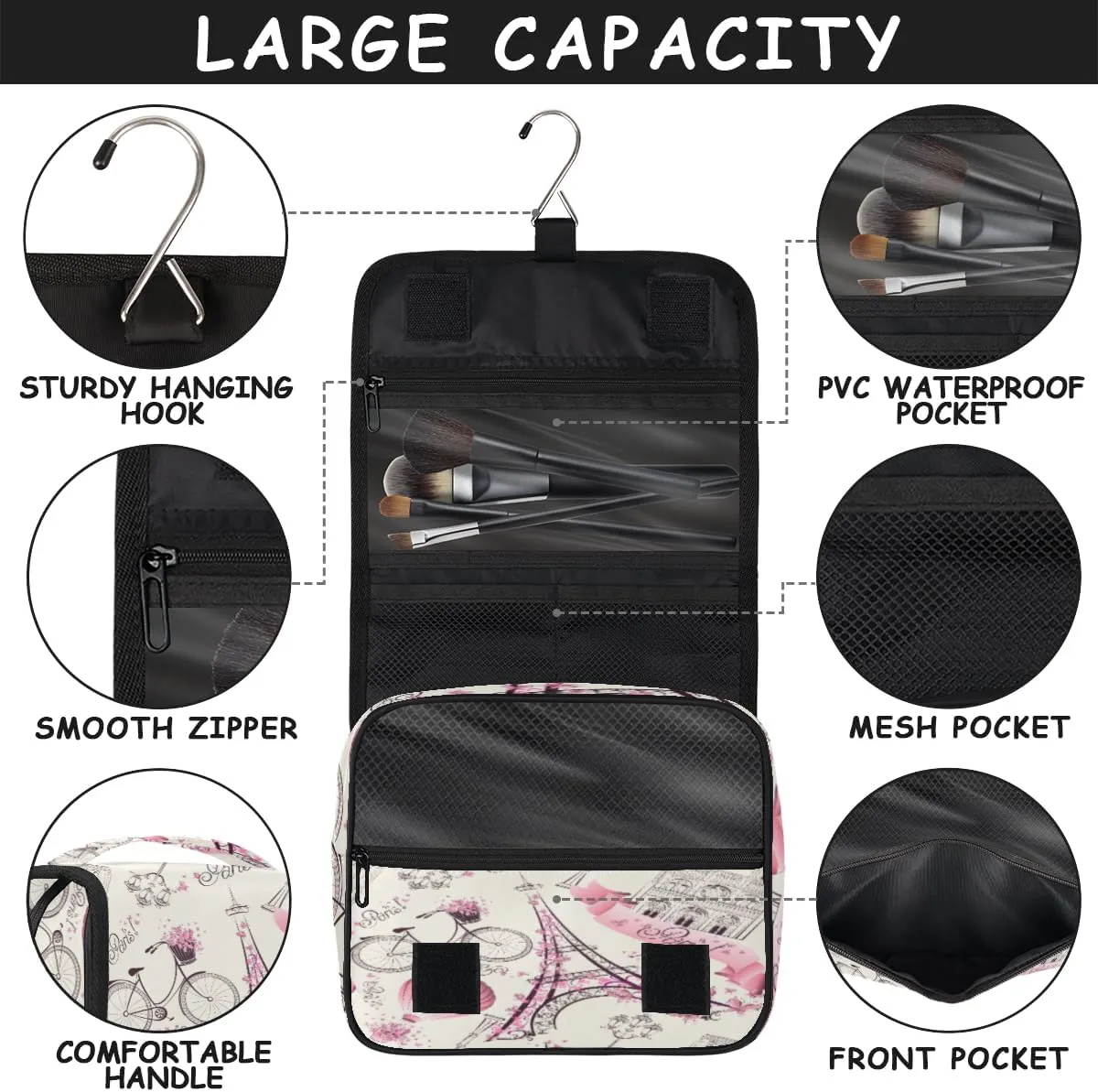 Eiffel Tower Paris Makeup Bag Travel Cosmetic Bag with Zipper Pocket and Handle Travel Makeup Organizer Bag Water-resistant Toiletry Bags for Traveling Women Men Ladies Girls