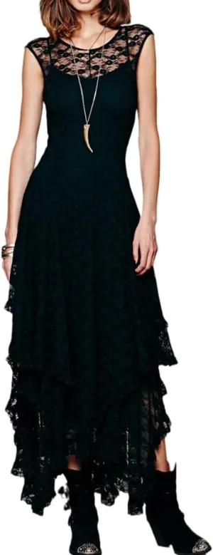 ENFUSO Womens Sleeveless Backless Asymmetrical Layered Lace Long Dress Party Reception Evening Dress