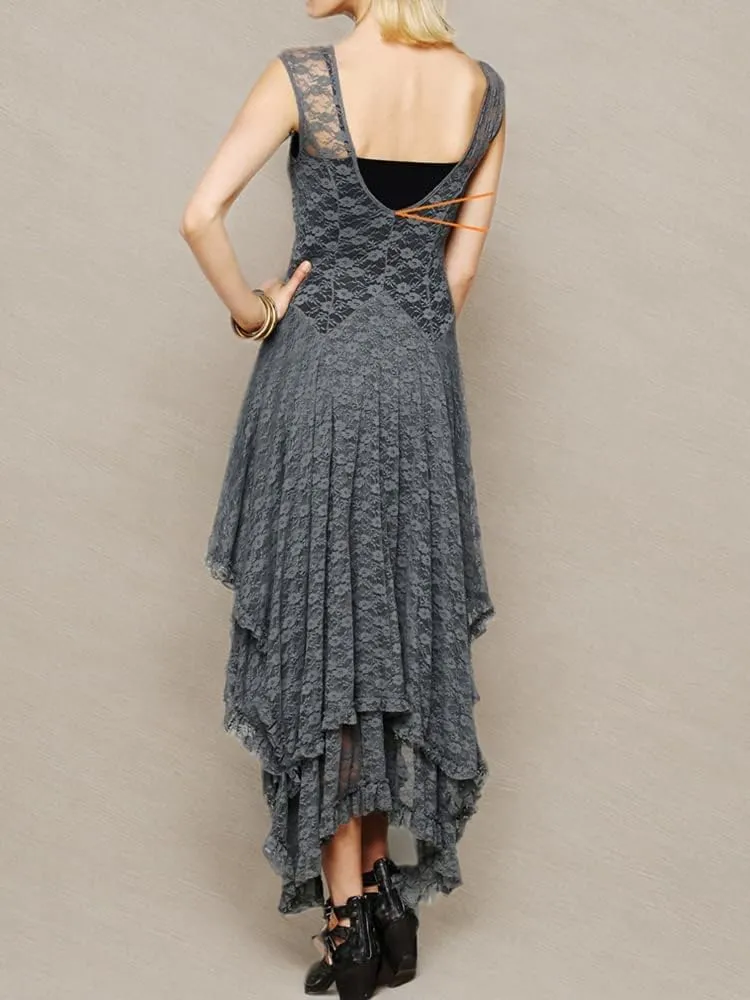 ENFUSO Womens Sleeveless Backless Asymmetrical Layered Lace Long Dress Party Reception Evening Dress