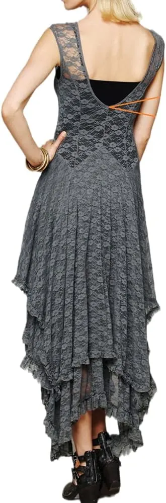 ENFUSO Womens Sleeveless Backless Asymmetrical Layered Lace Long Dress Party Reception Evening Dress
