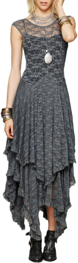 ENFUSO Womens Sleeveless Backless Asymmetrical Layered Lace Long Dress Party Reception Evening Dress