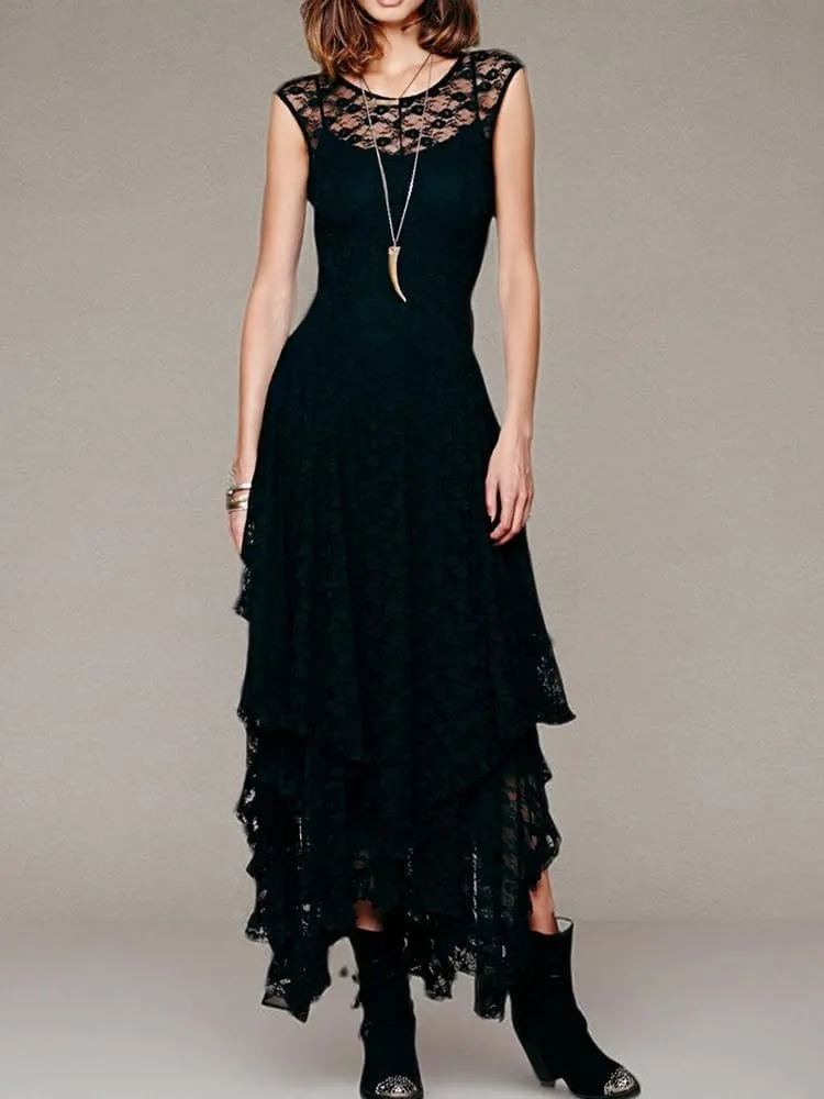 ENFUSO Womens Sleeveless Backless Asymmetrical Layered Lace Long Dress Party Reception Evening Dress