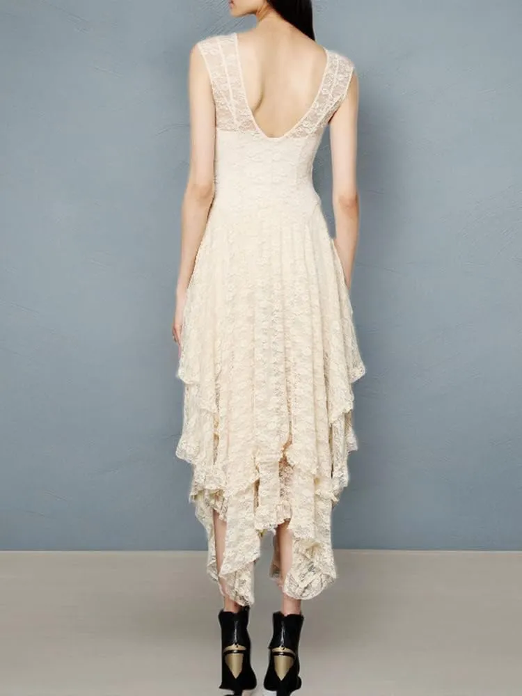 ENFUSO Womens Sleeveless Backless Asymmetrical Layered Lace Long Dress Party Reception Evening Dress