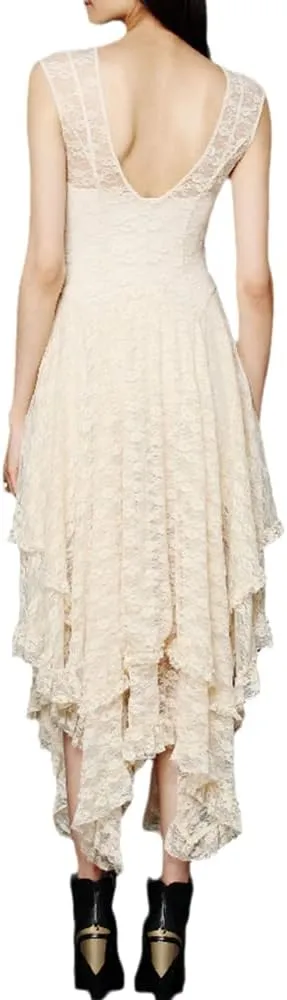 ENFUSO Womens Sleeveless Backless Asymmetrical Layered Lace Long Dress Party Reception Evening Dress