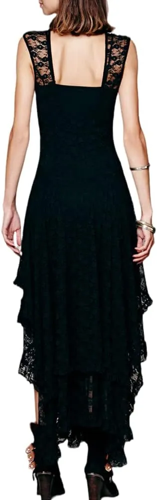ENFUSO Womens Sleeveless Backless Asymmetrical Layered Lace Long Dress Party Reception Evening Dress