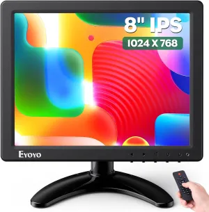 Eyoyo 8 Inch Small Monitor, 1024x768 4:3 IPS Mini Screen Support HDMI/VGA/AV/BNC Input with Remote Control & Built-in Speakers, Security Monitor for Computer Raspi CCTV Camera