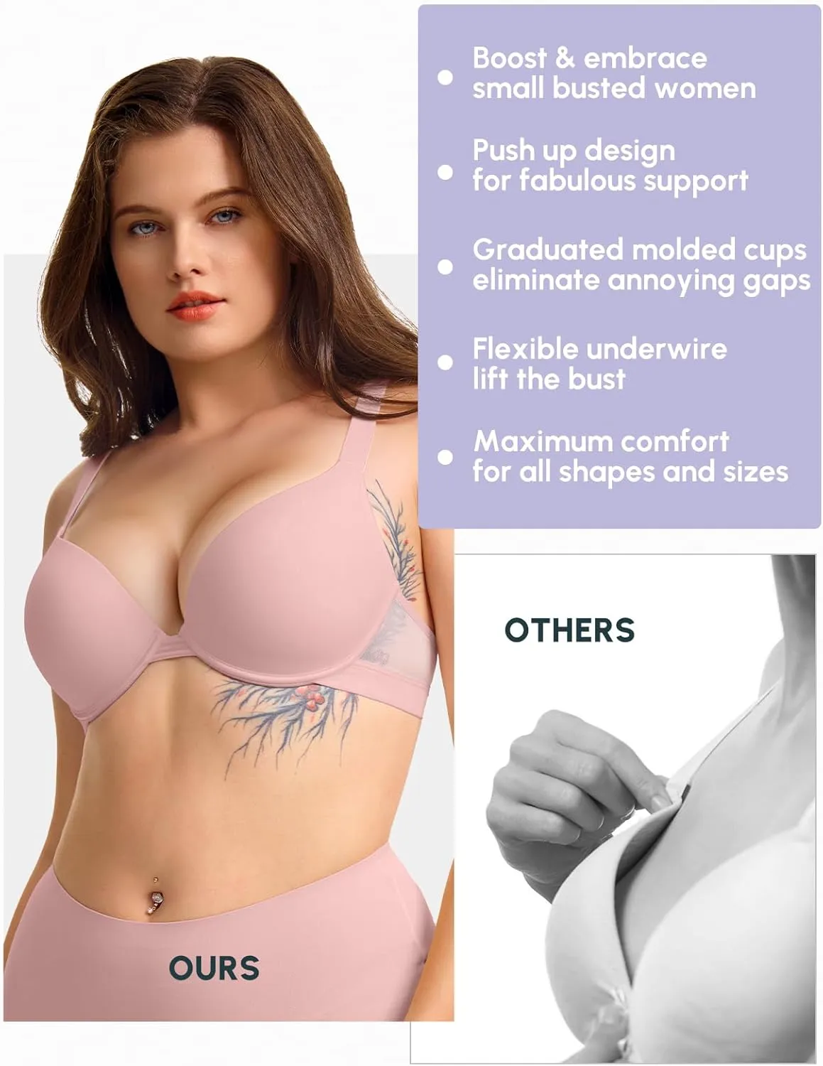 FallSweet Push Up T Shirt Bra for Small Chested Women Underwire Plunge Padded Add Two Cup Bra