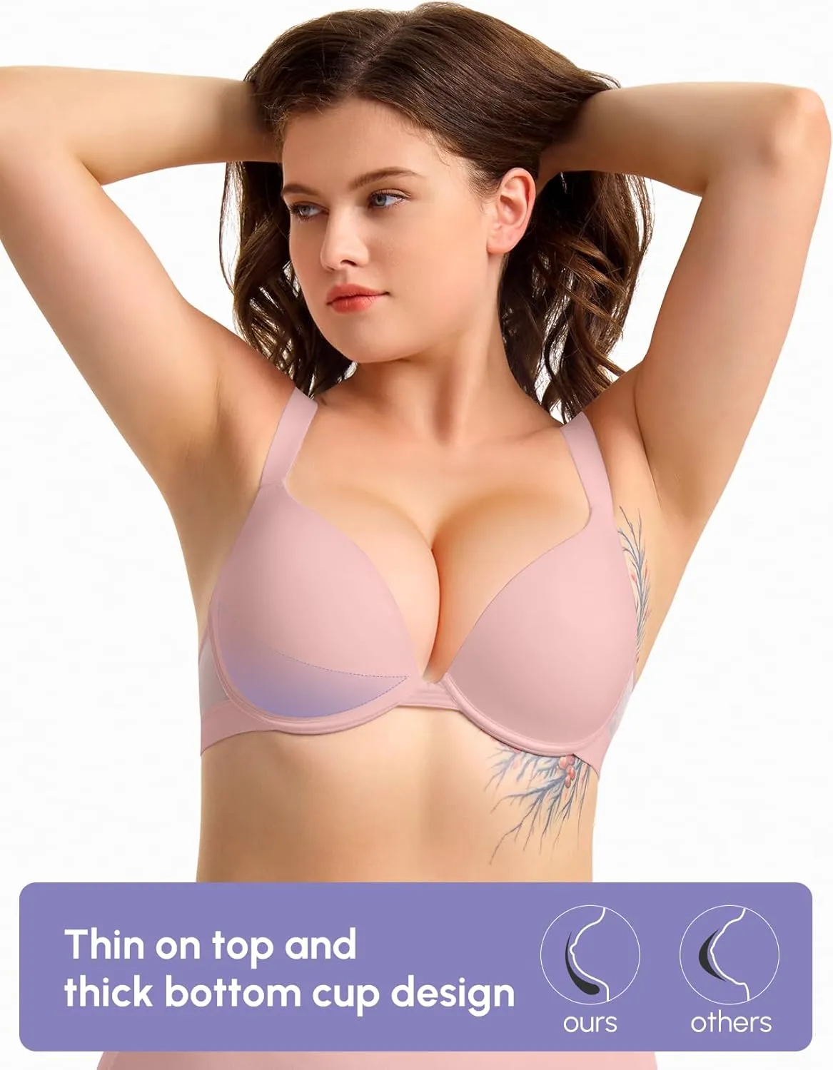 FallSweet Push Up T Shirt Bra for Small Chested Women Underwire Plunge Padded Add Two Cup Bra