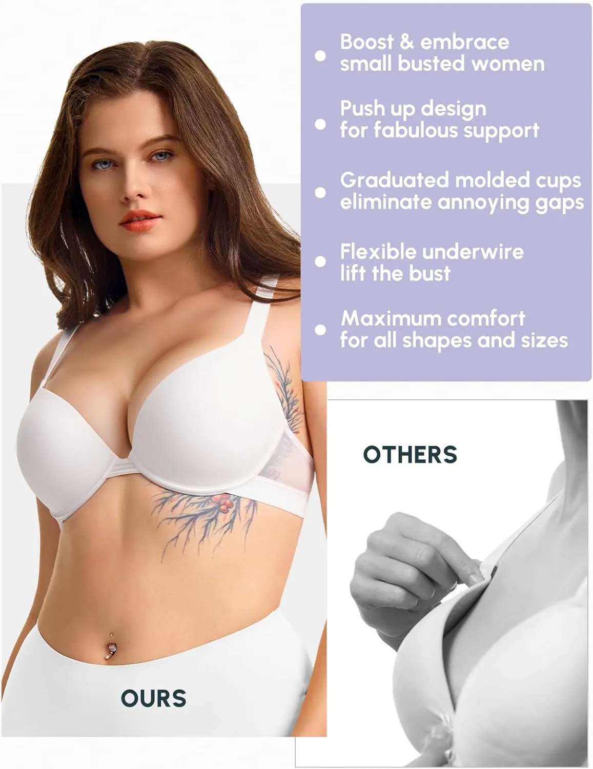 FallSweet Push Up T Shirt Bra for Small Chested Women Underwire Plunge Padded Add Two Cup Bra