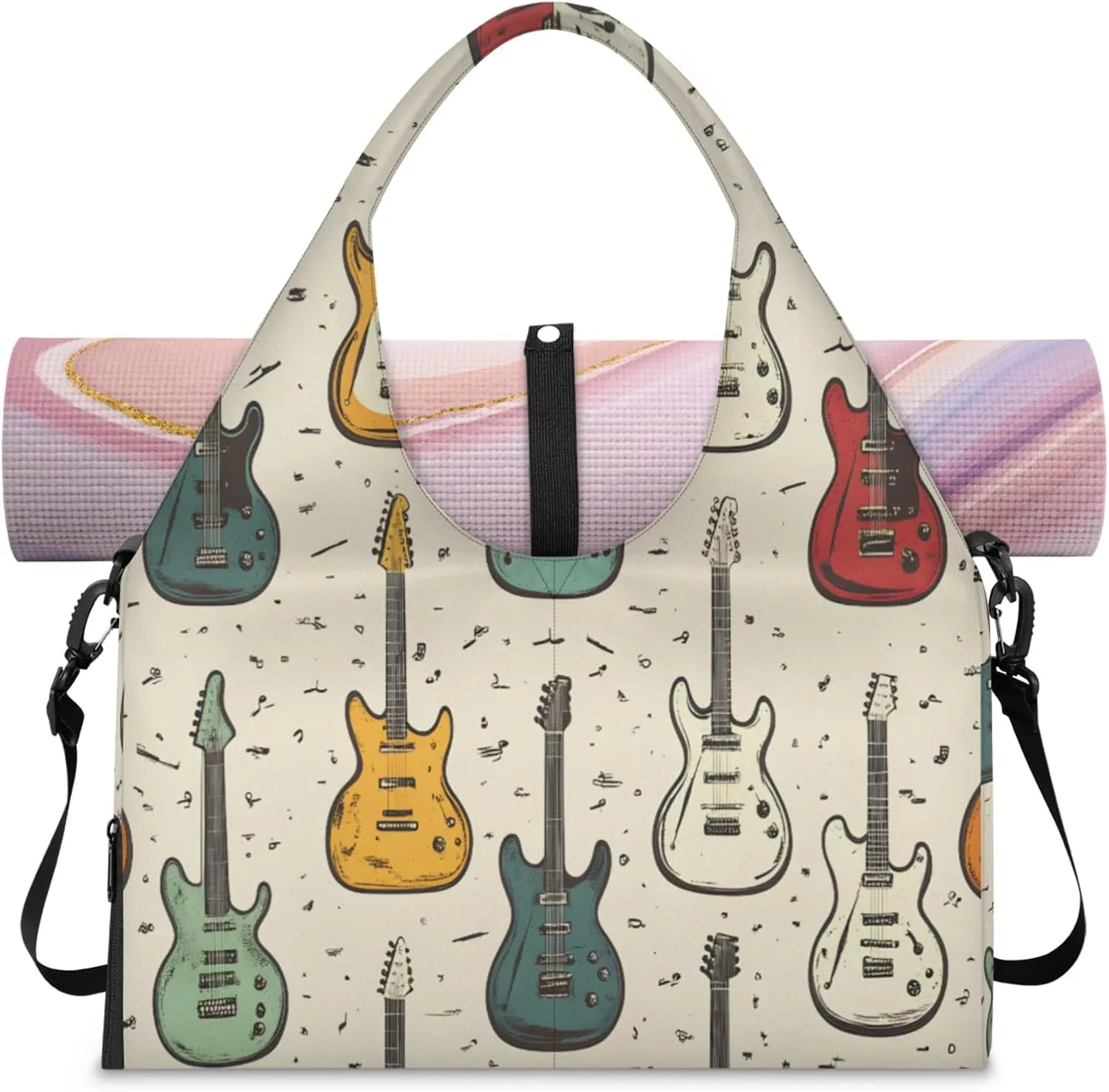 Fashion electric guitar Women's Yoga Gym Bag - Adjustable shoulder strap with shoe compartment, large gym bag with multiple pockets for yoga mat, gym equipment and travel accessories