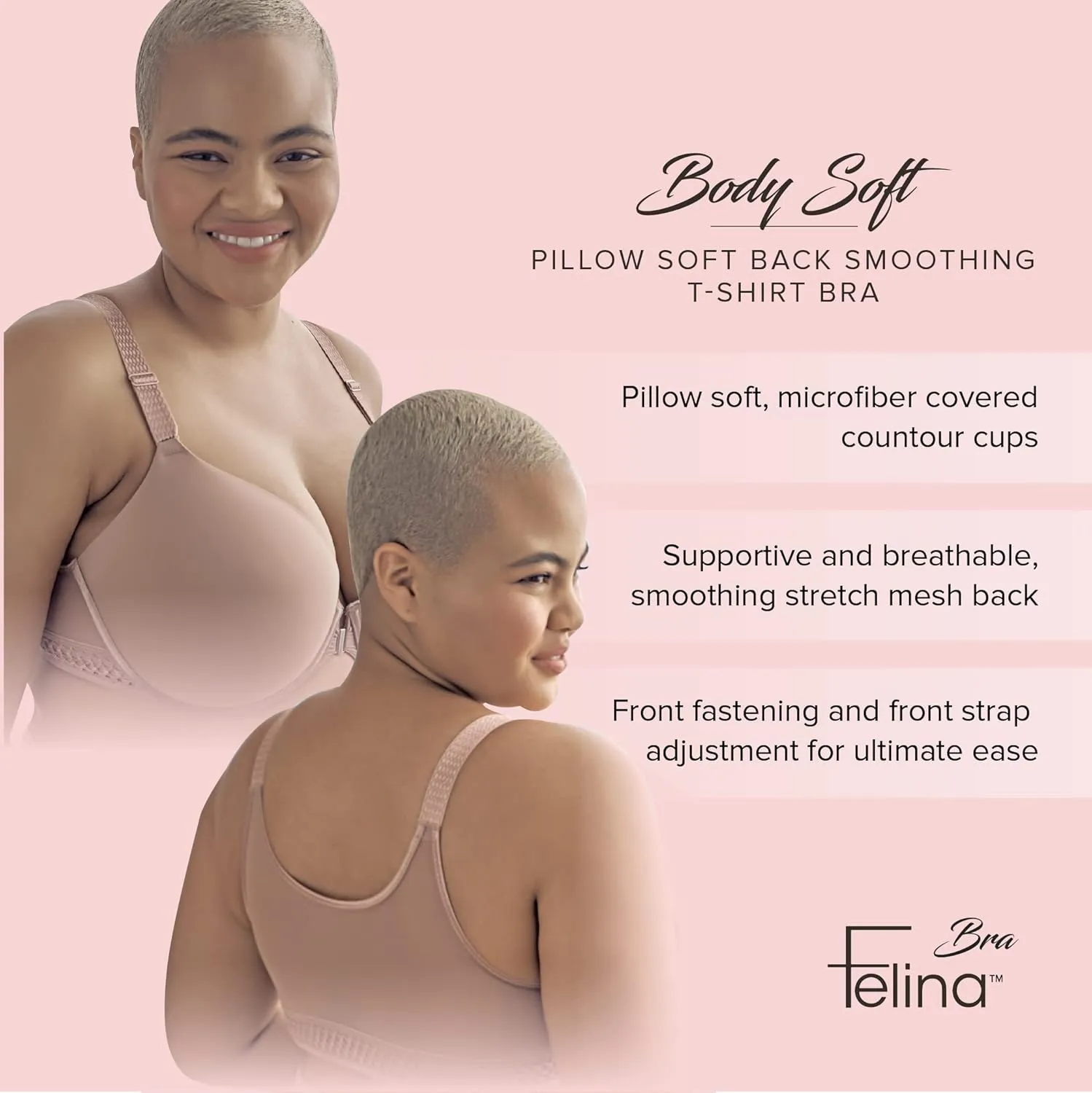 Felina Body Soft Back Smoothing T-Shirt Bra - Ultra Soft T-Shirt Bras for Women, Smoothing Bra for Your Back