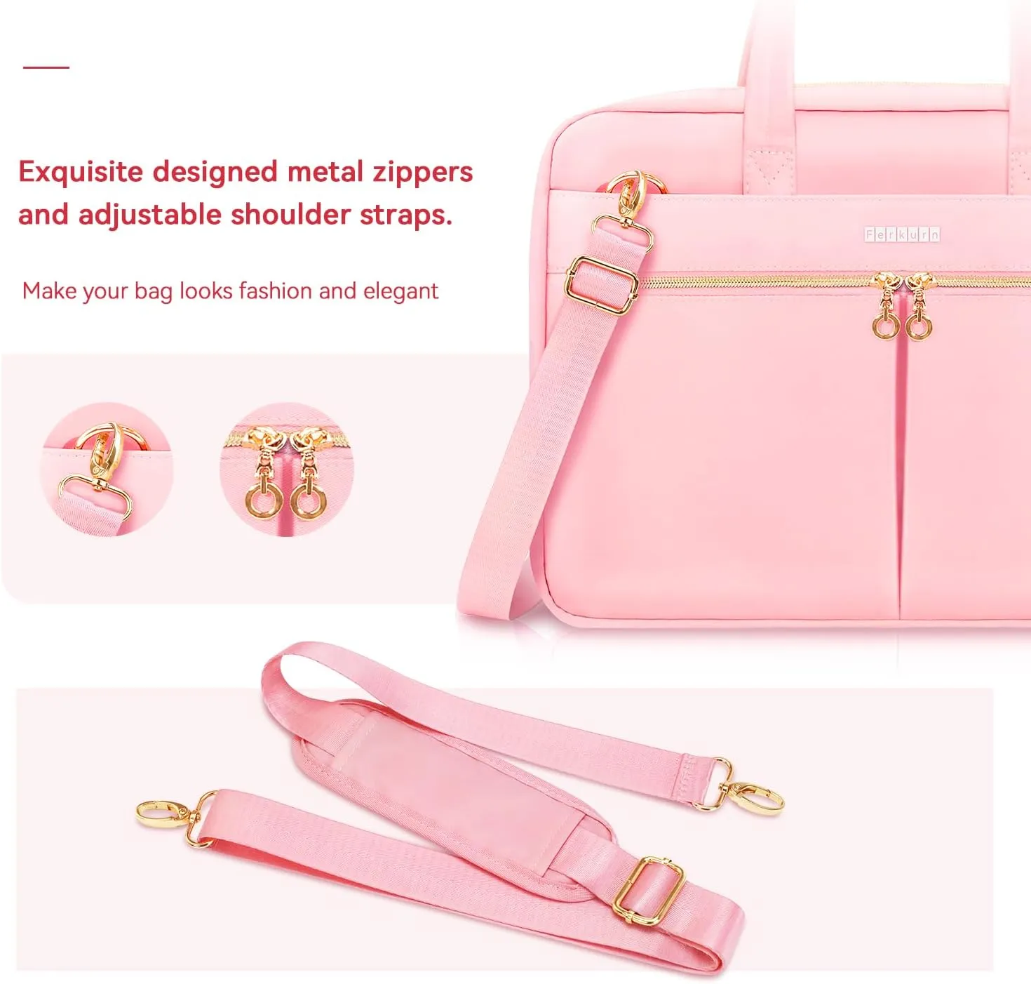 Ferkurn Laptop Bag Case Women Men Computer Bag Compatible with MacBook/HP/LG/Dell, Shoulder Strap Slim Carrying Messenger Briefcase, Pink, 14 Inch