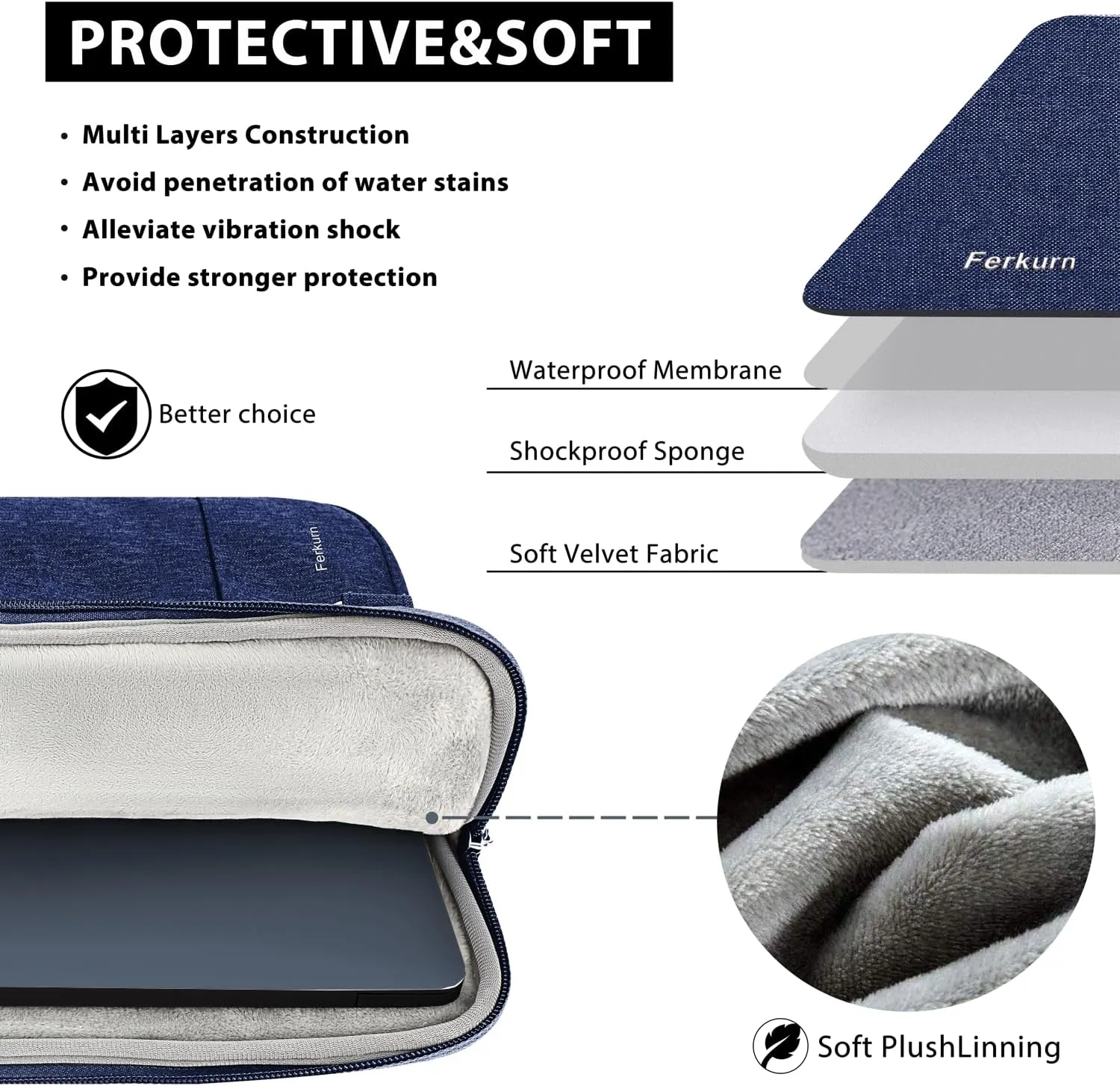 Ferkurn Laptop Case Bag Chromebook Case Sleeve for MacBook Air/Pro, Dell Inspiron, ASUS Zenbook, HP Pavilion, Lenovo IdeaPad, Samsung Chromebook, Acer, Computer Carrying Bag Cover, Blue, 15.6 Inch