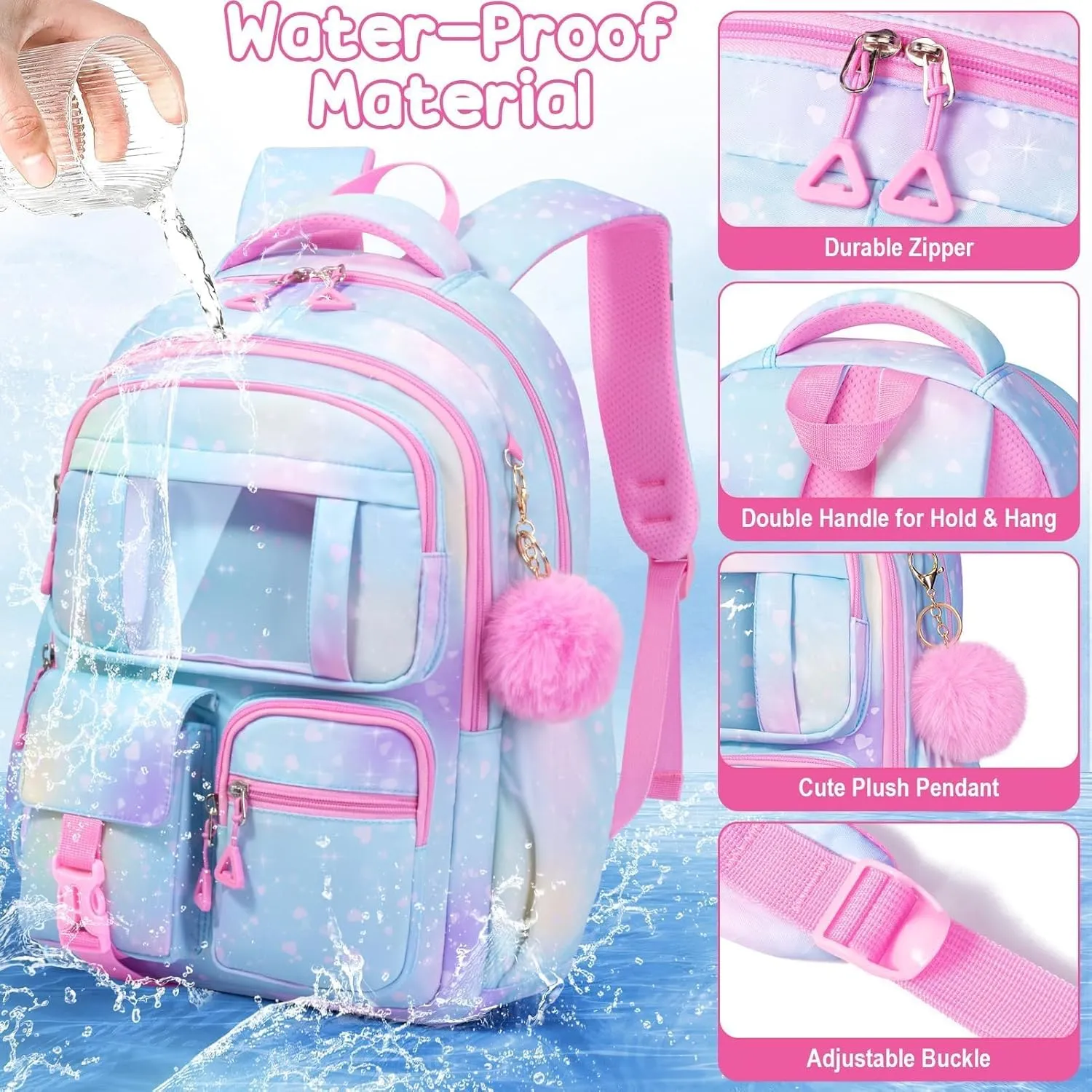 Fimibuke Backpack for Girls Boys, 3Pcs Waterproof Kids Backpack with Lunch Box & Pencil Pouch - Lightweight School Backpack Black Bookbag for Ages 6  Elementary Middle School