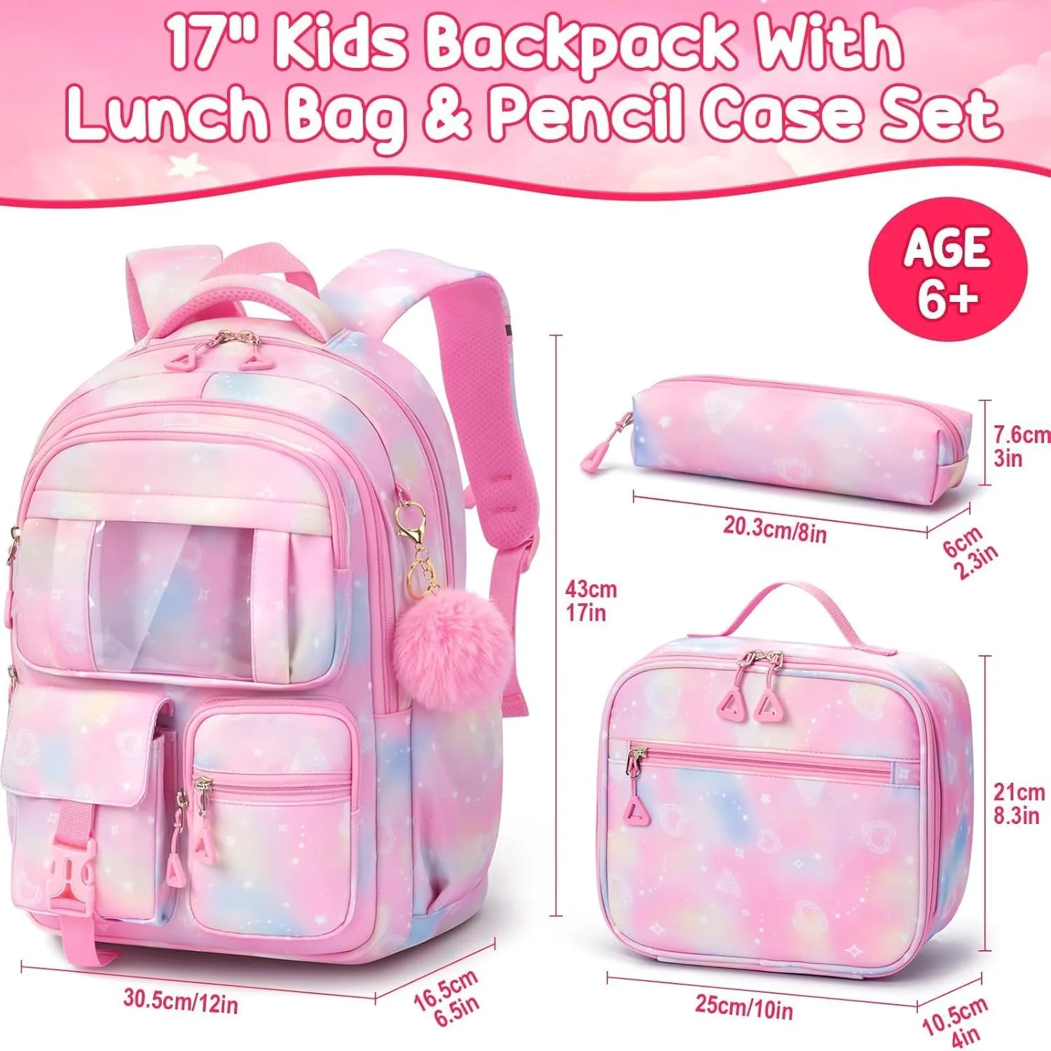 Fimibuke Backpack for Girls Boys, 3Pcs Waterproof Kids Backpack with Lunch Box & Pencil Pouch - Lightweight School Backpack Black Bookbag for Ages 6  Elementary Middle School