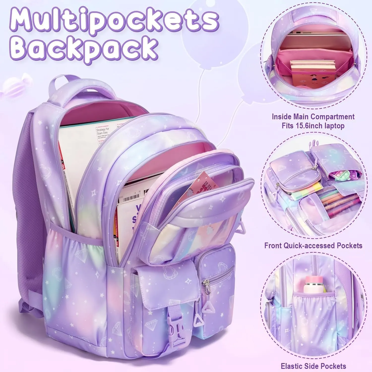 Fimibuke Backpack for Girls Boys, 3Pcs Waterproof Kids Backpack with Lunch Box & Pencil Pouch - Lightweight School Backpack Black Bookbag for Ages 6  Elementary Middle School