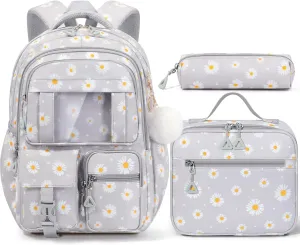 Fimibuke Backpack for Girls Boys, 3Pcs Waterproof Kids Backpack with Lunch Box & Pencil Pouch - Lightweight School Backpack Multi-Pocket Daisy Bookbag for Elementary Middle School Ages 6 