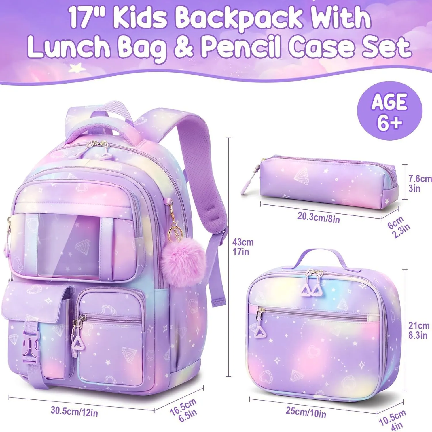 Fimibuke Backpack for Girls Boys, 3Pcs Waterproof Kids Backpack with Lunch Box & Pencil Pouch - Lightweight School Backpack Multi-Pocket Daisy Bookbag for Elementary Middle School Ages 6 