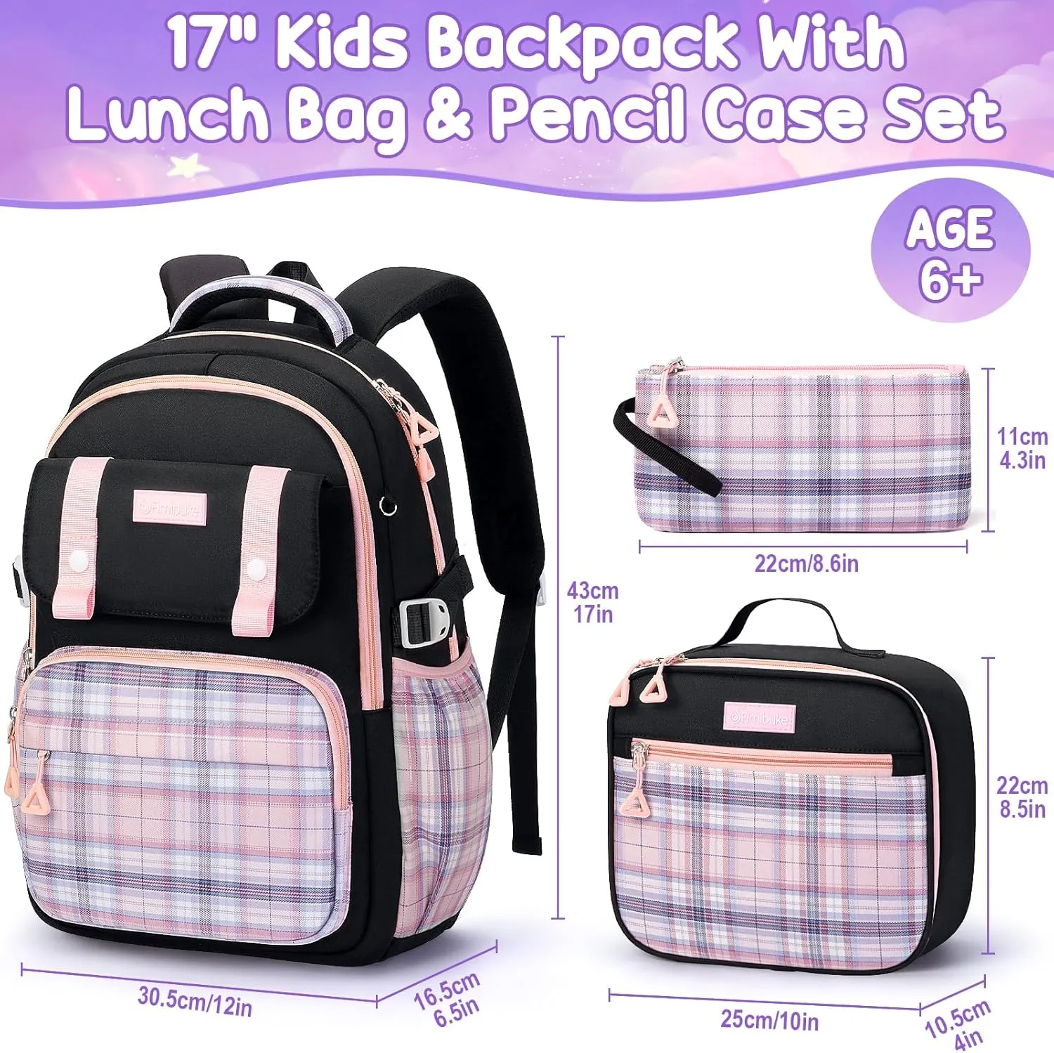 Fimibuke Girls Backpack - 3 PCS Waterproof Teens Girls Backpack Set with Lunch Box, Pencil Pouch, Cute Kids Bookbag for Elementary to High School Students Age 6  (Black & Pink)
