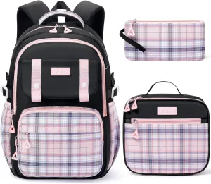 Fimibuke Girls Backpack - 3 PCS Waterproof Teens Girls Backpack Set with Lunch Box, Pencil Pouch, Cute Kids Bookbag for Elementary to High School Students Age 6  (Black & Pink)