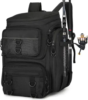 Fishing Backpack with Rod Holder, Waterproof Fishing Bag for Fishing Gear, 42L Large Capacity Tackle Box Backpack (Black)