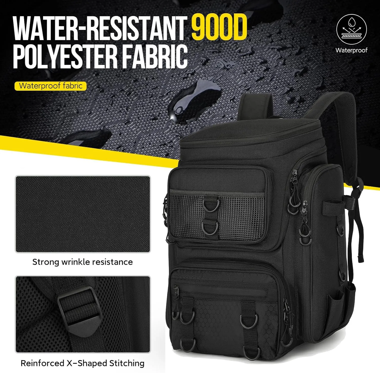 Fishing Backpack with Rod Holder, Waterproof Fishing Bag for Fishing Gear, 42L Large Capacity Tackle Box Backpack (Black)