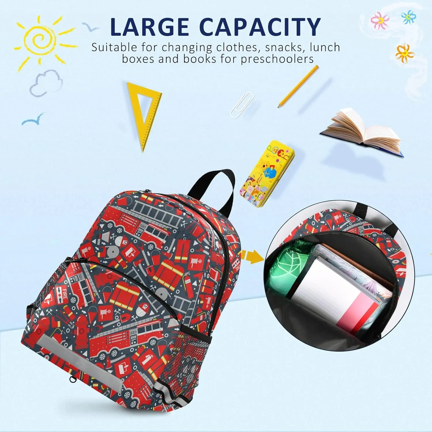 Fisyme Fire Truck Cars Backpack Schoolbag Kids Daypack Toddler Travel School Bag Small Mini Backpacks for Kindergarten Preschool Nursery Children Boys Girls with Chest Strap