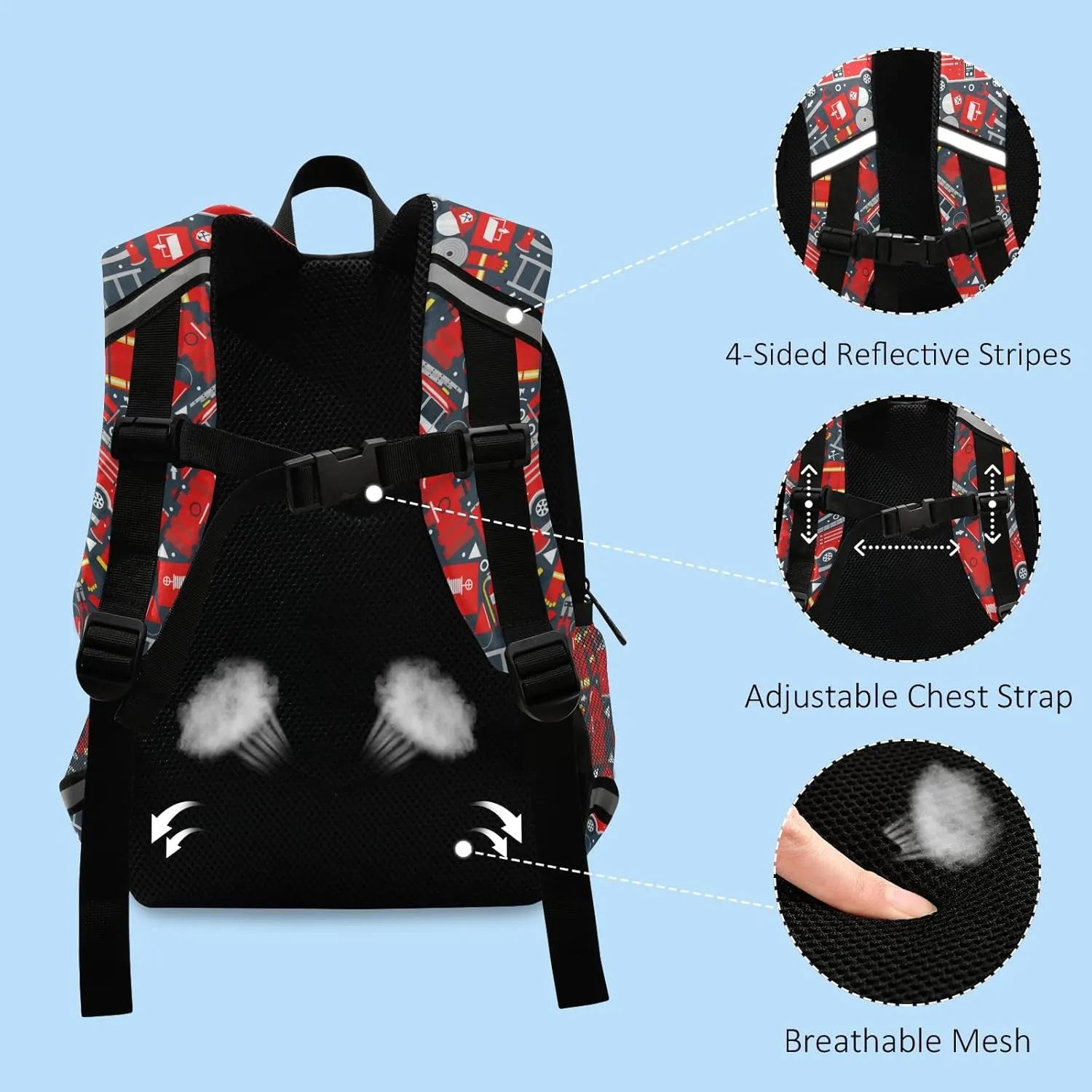 Fisyme Fire Truck Cars Backpack Schoolbag Kids Daypack Toddler Travel School Bag Small Mini Backpacks for Kindergarten Preschool Nursery Children Boys Girls with Chest Strap