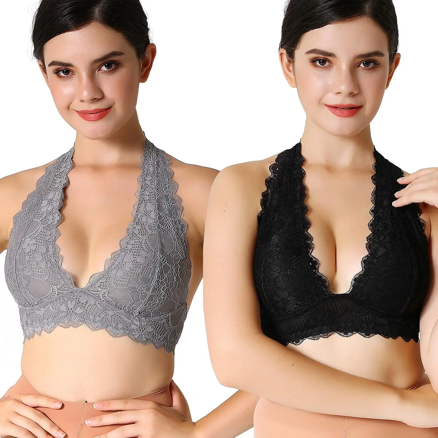 Floral Lace Halter Bra Bralette Top Hook and Eye Closure Back Unpadded Wirefree Lace Bra