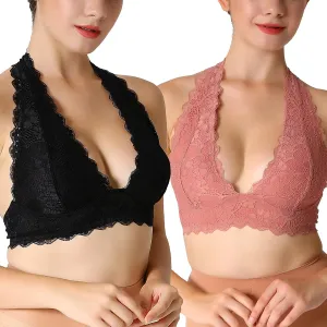 Floral Lace Halter Bra Bralette Top Hook and Eye Closure Back Unpadded Wirefree Lace Bra