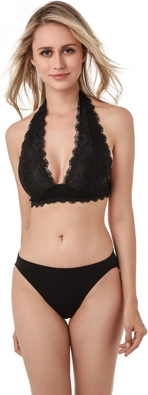 Floral Lace Halter Bra Bralette Top Hook and Eye Closure Back Unpadded Wirefree Lace Bra