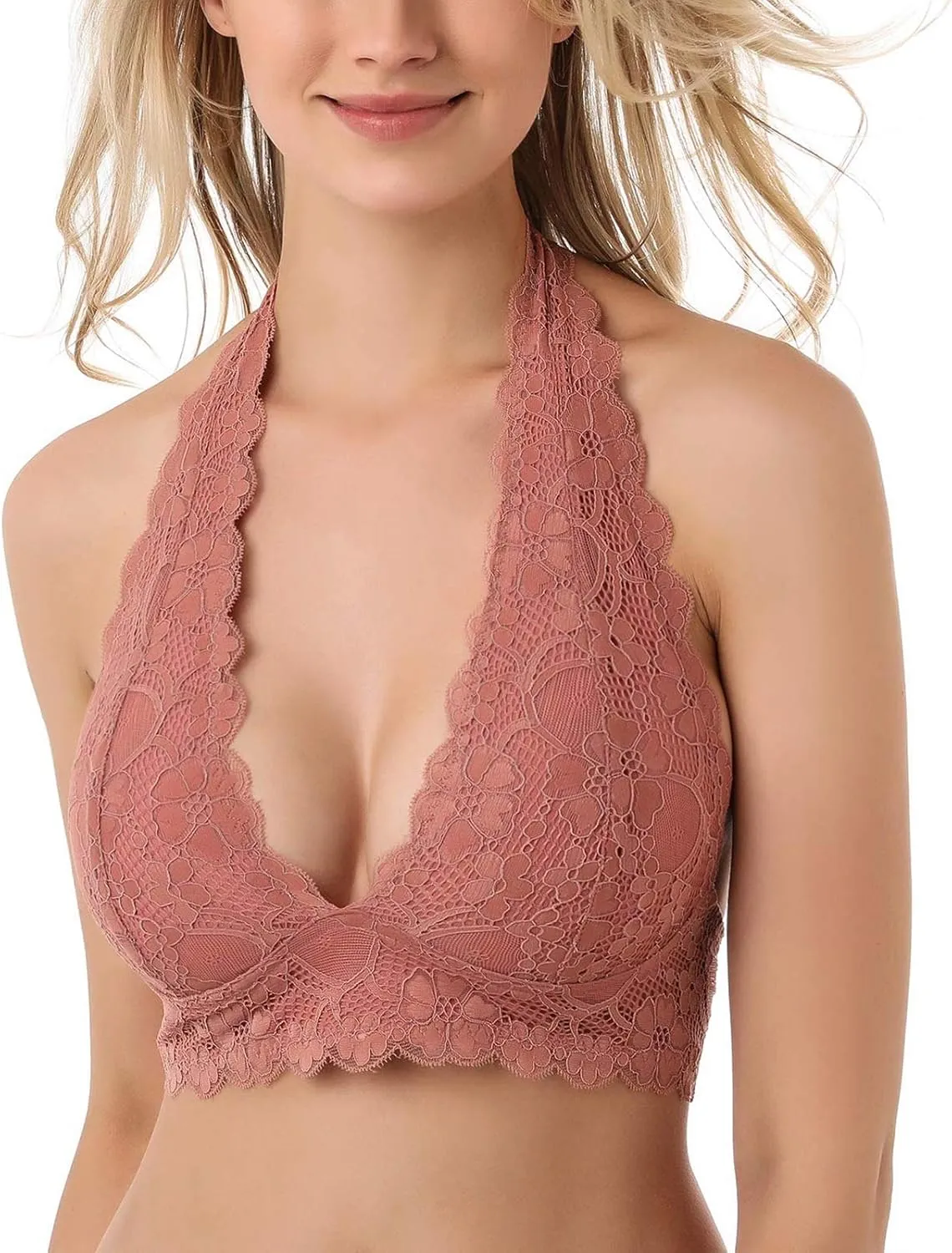 Floral Lace Halter Bra Bralette Top Hook and Eye Closure Back Unpadded Wirefree Lace Bra