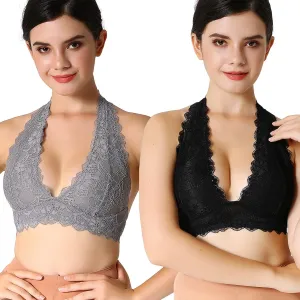 Floral Lace Halter Bra Bralette Top Hook and Eye Closure Back Unpadded Wirefree Lace Bra