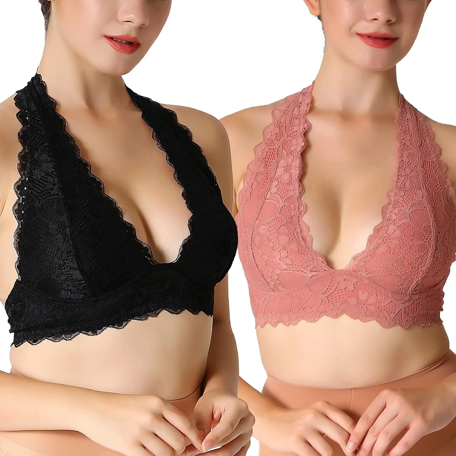 Floral Lace Halter Bra Bralette Top Hook and Eye Closure Back Unpadded Wirefree Lace Bra