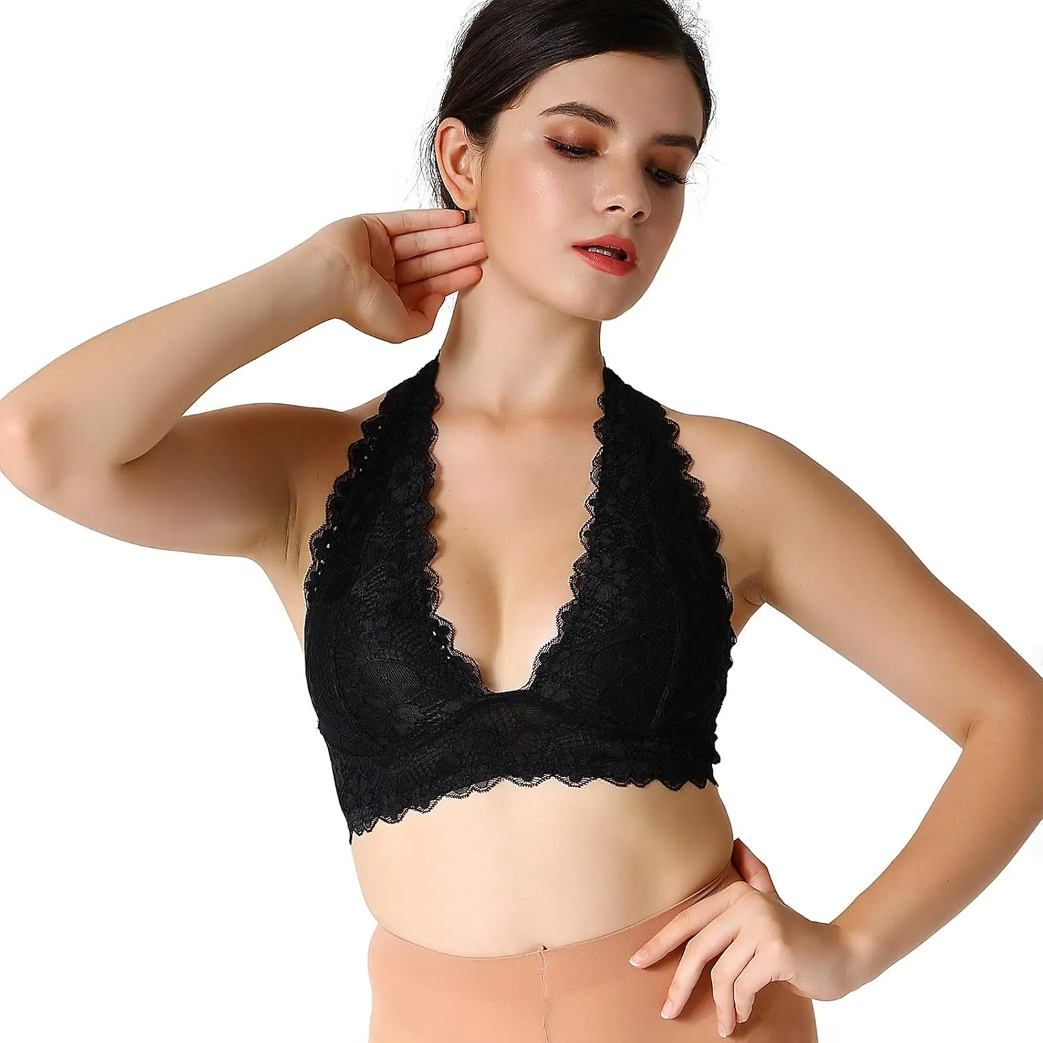 Floral Lace Halter Bra Bralette Top Hook and Eye Closure Back Unpadded Wirefree Lace Bra