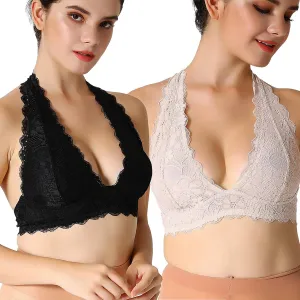 Floral Lace Halter Bra Bralette Top Hook and Eye Closure Back Unpadded Wirefree Lace Bra