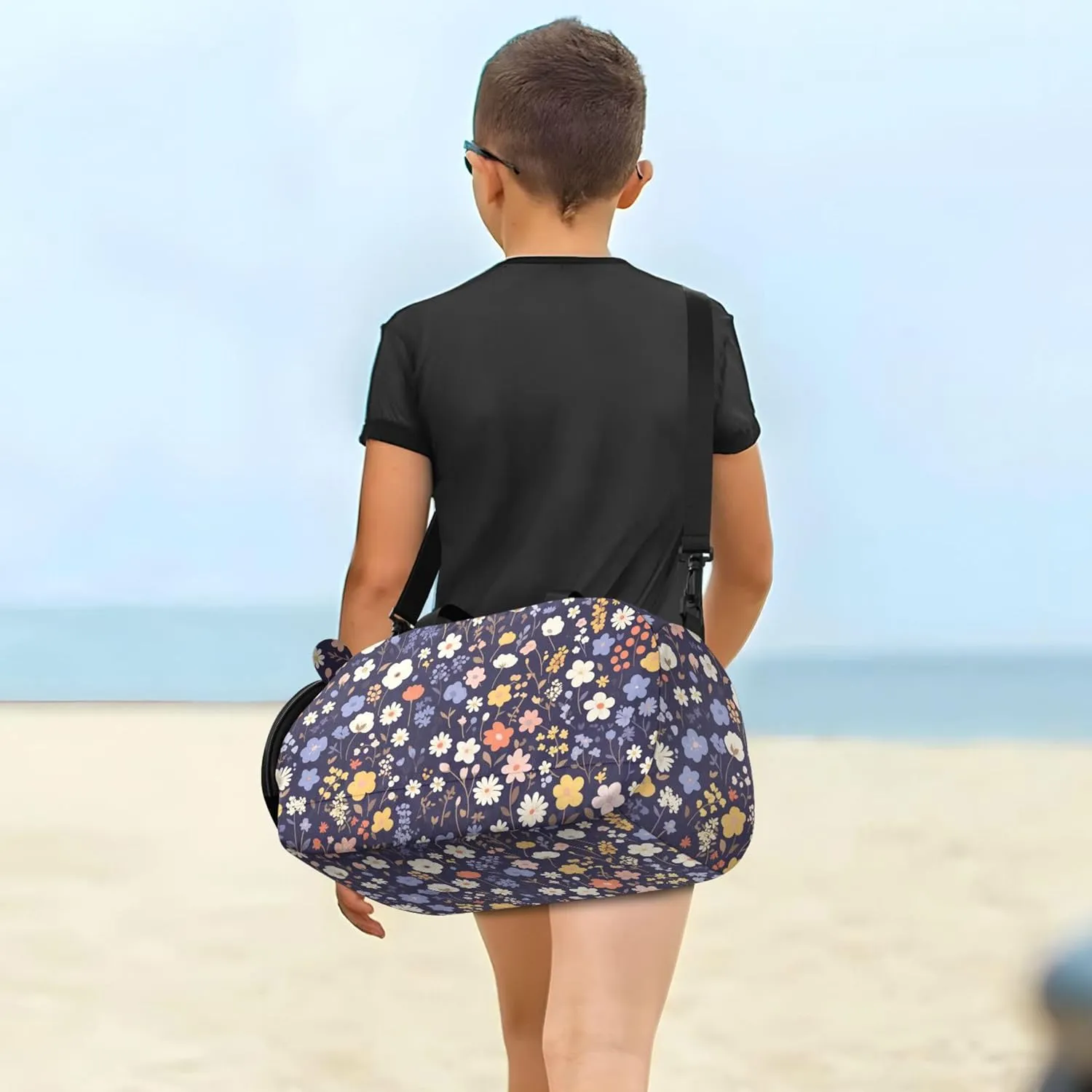 Flower Dark Blue Small Gym Bag with Shoes Compartment Large Capacity Weekender Overnight Dance Bag for Beach Swim Bags Pool Sports